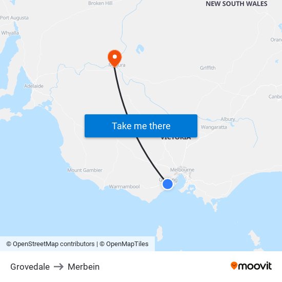 Grovedale to Merbein map
