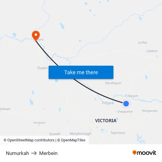 Numurkah to Merbein map