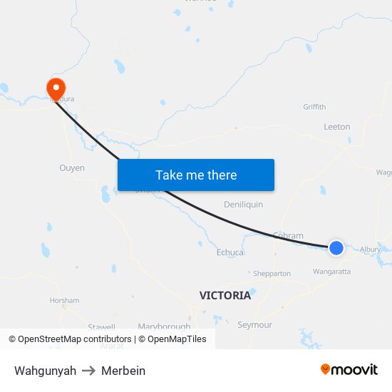 Wahgunyah to Merbein map