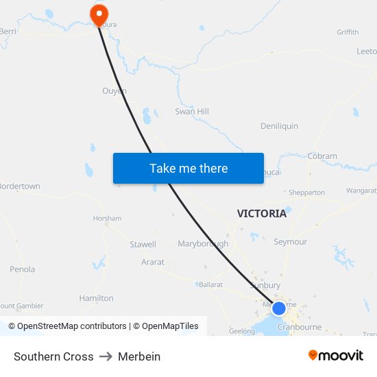 Southern Cross to Merbein map