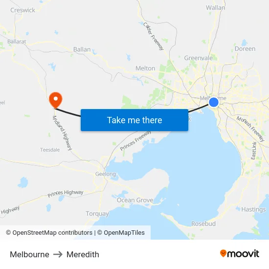 Melbourne to Meredith map