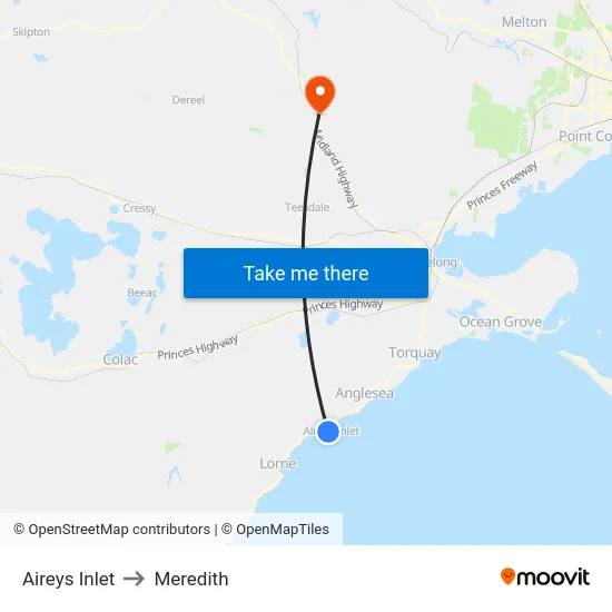 Aireys Inlet to Meredith map