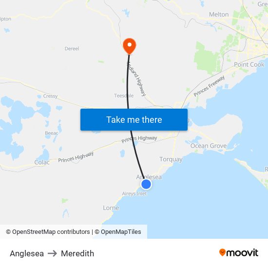 Anglesea to Meredith map