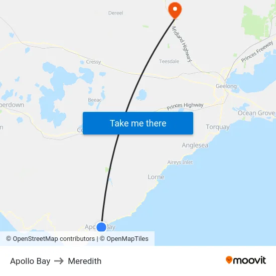 Apollo Bay to Meredith map