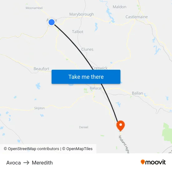Avoca to Meredith map