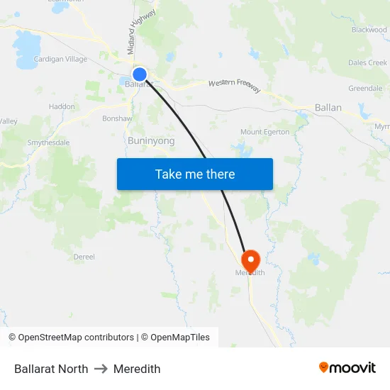 Ballarat North to Meredith map