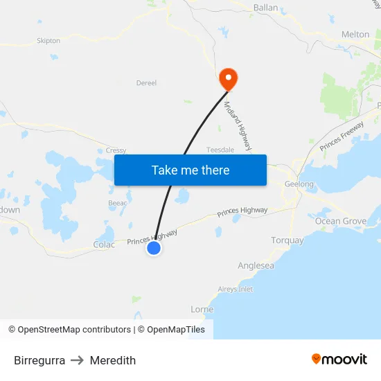 Birregurra to Meredith map
