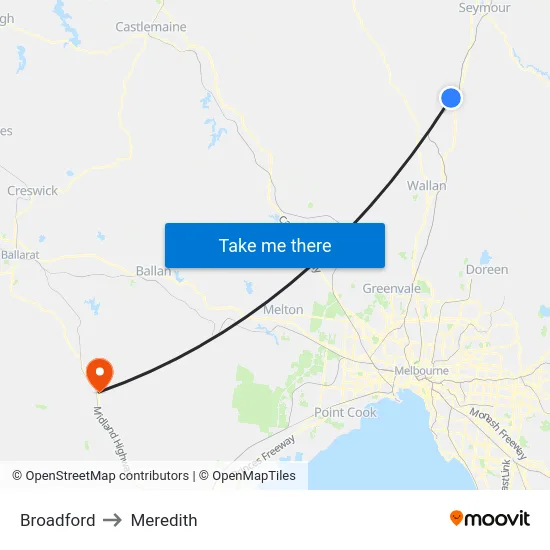 Broadford to Meredith map