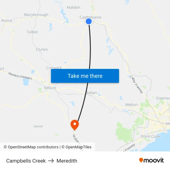 Campbells Creek to Meredith map