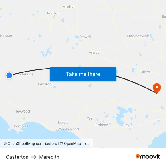 Casterton to Meredith map
