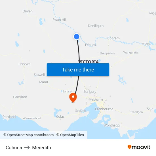 Cohuna to Meredith map