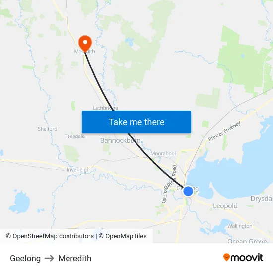 Geelong to Meredith map