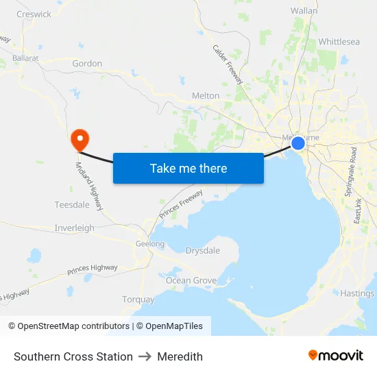 Southern Cross Station to Meredith map