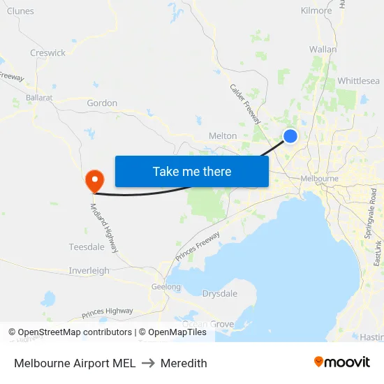 Melbourne Airport MEL to Meredith map
