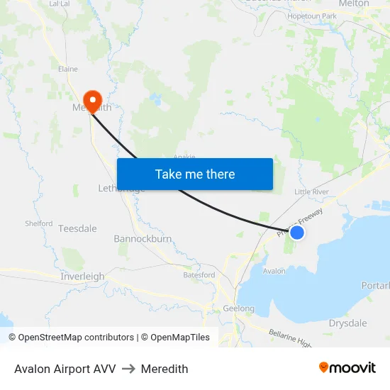 Avalon Airport AVV to Meredith map