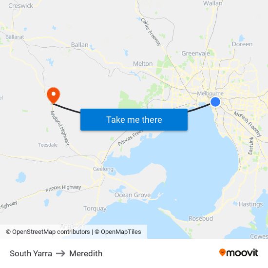 South Yarra to Meredith map