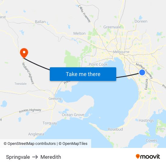 Springvale to Meredith map