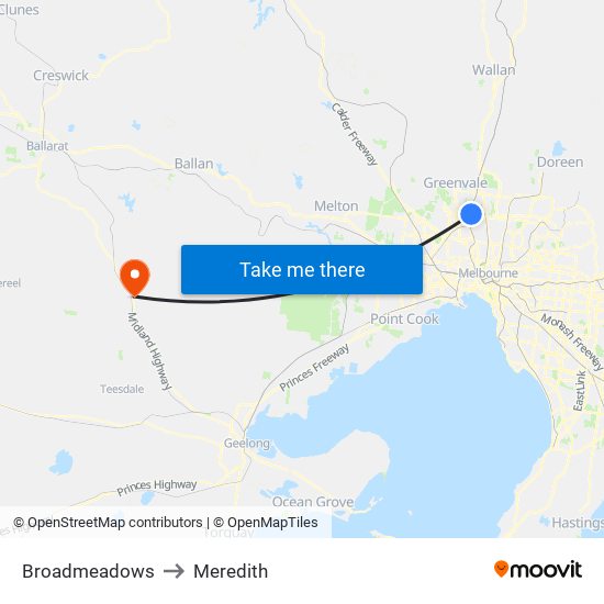 Broadmeadows to Meredith map