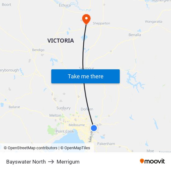 Bayswater North to Merrigum map
