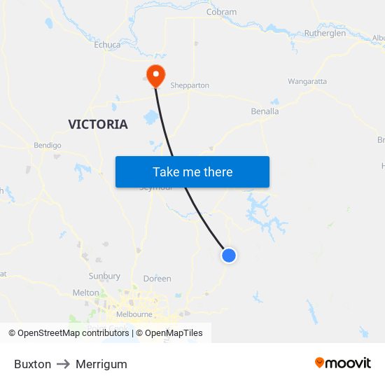 Buxton to Merrigum map