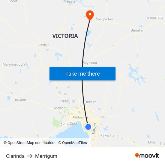 Clarinda to Merrigum map