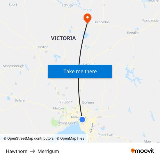 Hawthorn to Merrigum map