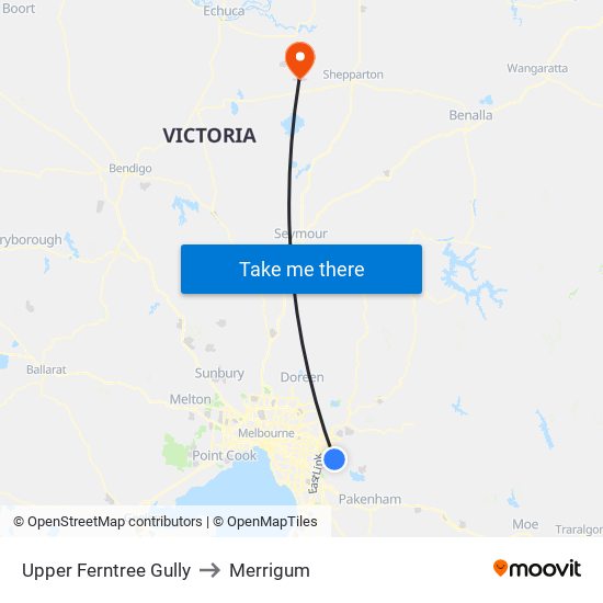 Upper Ferntree Gully to Merrigum map