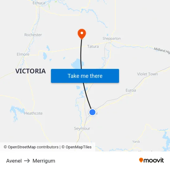 Avenel to Merrigum map