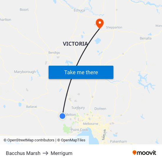 Bacchus Marsh to Merrigum map