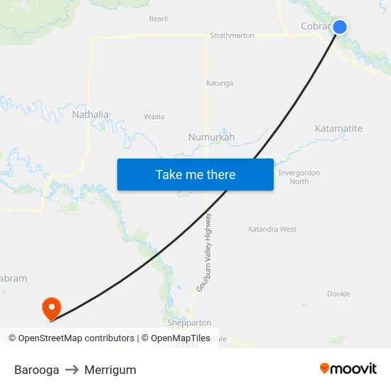 Barooga to Merrigum map