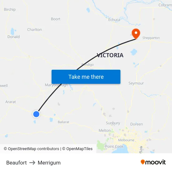 Beaufort to Merrigum map