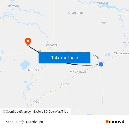 Benalla to Merrigum map