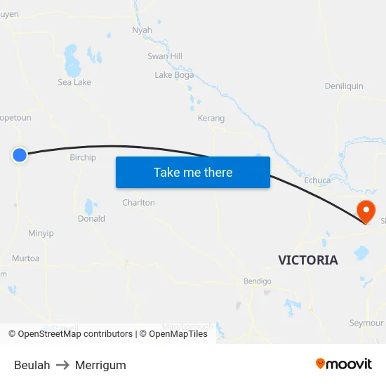 Beulah to Merrigum map