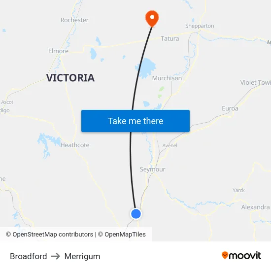 Broadford to Merrigum map