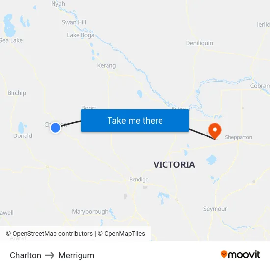 Charlton to Merrigum map
