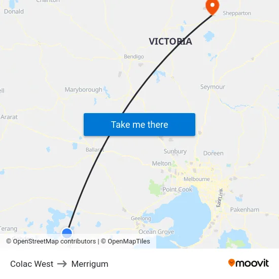 Colac West to Merrigum map