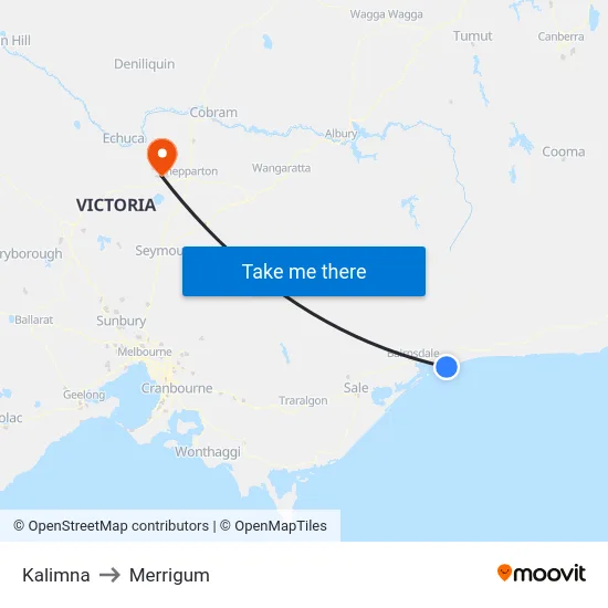 Kalimna to Merrigum map