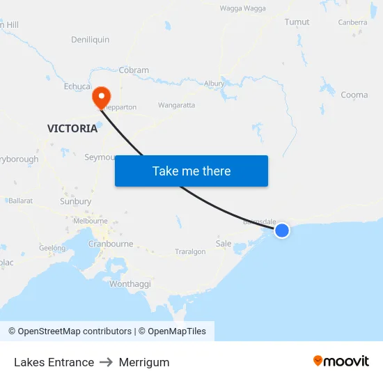 Lakes Entrance to Merrigum map