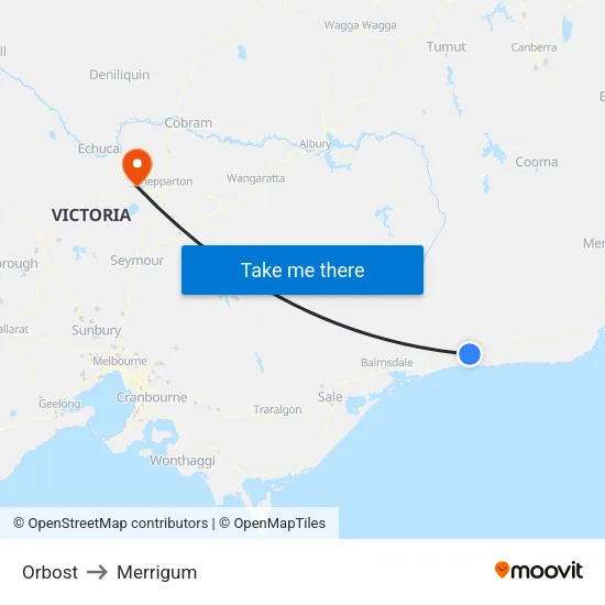 Orbost to Merrigum map