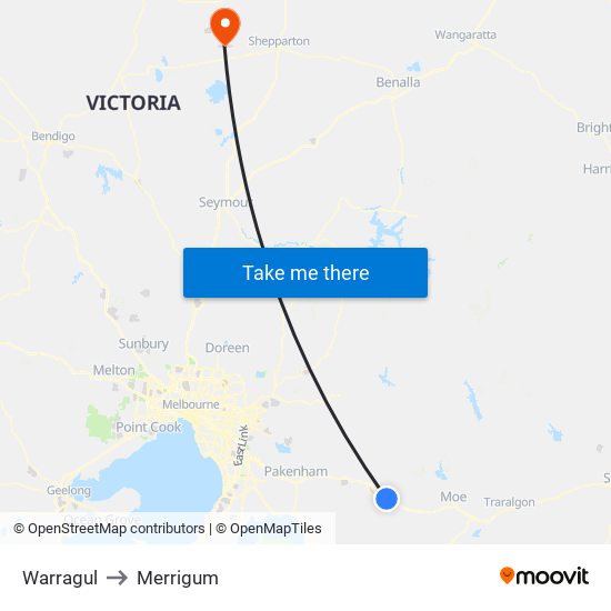 Warragul to Merrigum map