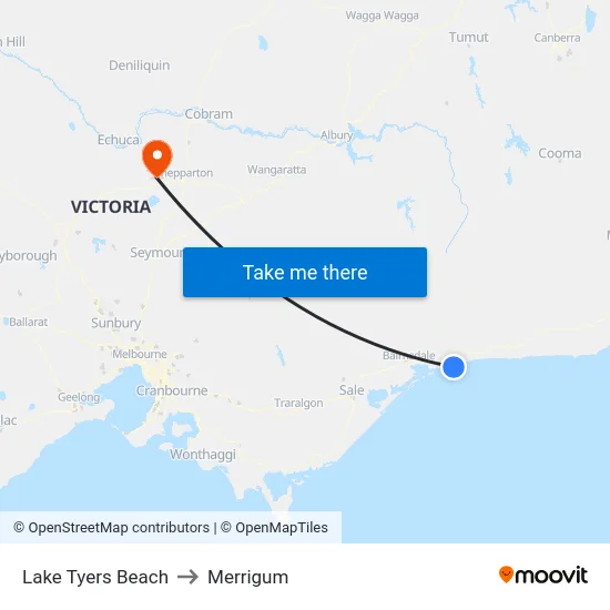Lake Tyers Beach to Merrigum map