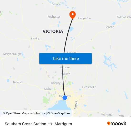 Southern Cross Station to Merrigum map