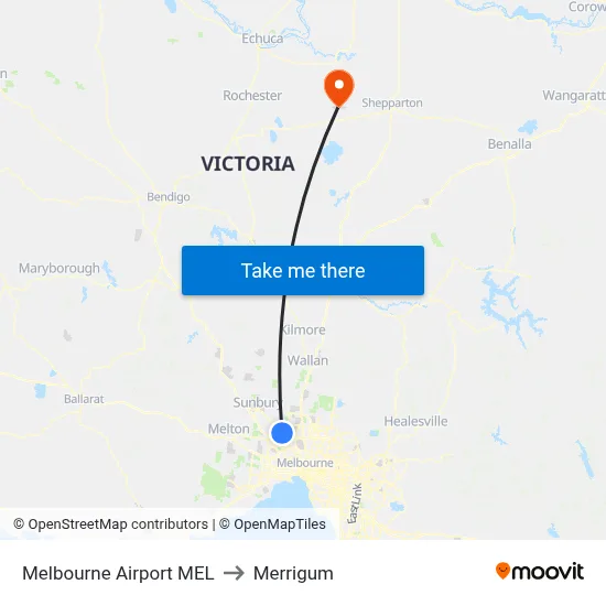 Melbourne Airport MEL to Merrigum map