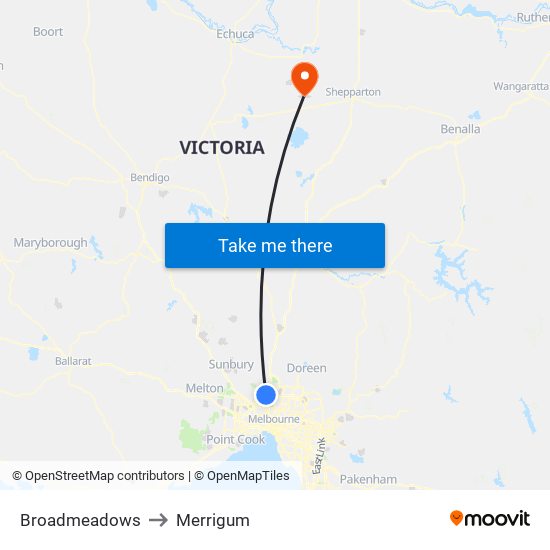 Broadmeadows to Merrigum map