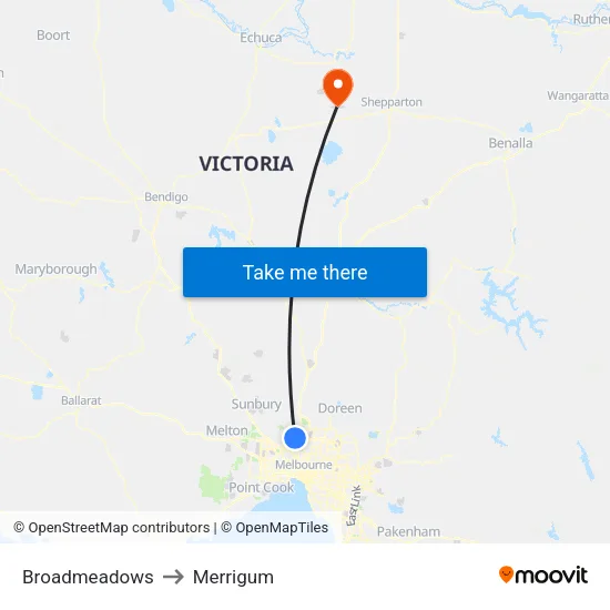 Broadmeadows to Merrigum map