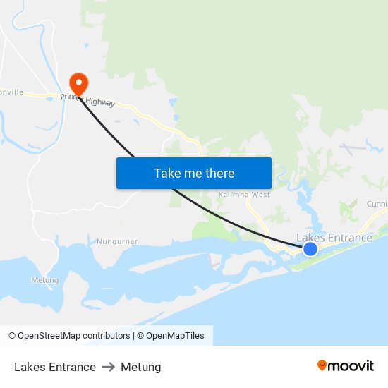 Lakes Entrance to Metung map