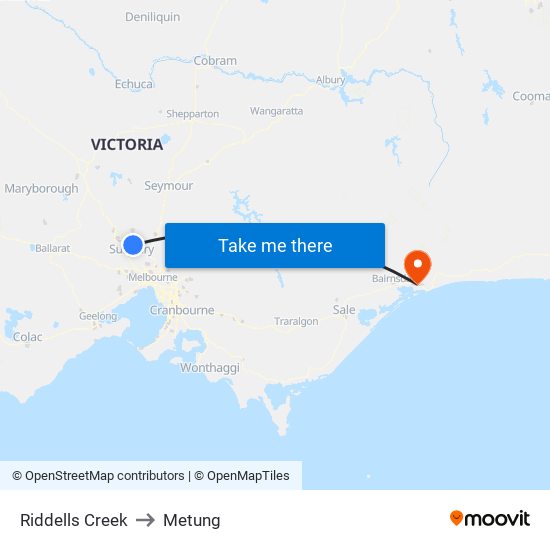 Riddells Creek to Metung map