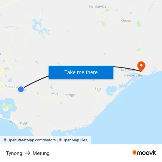 Tynong to Metung map