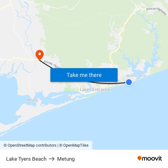 Lake Tyers Beach to Metung map