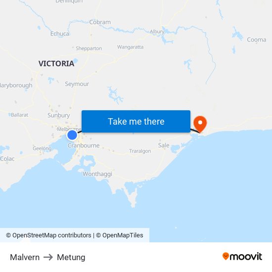 Malvern to Metung map